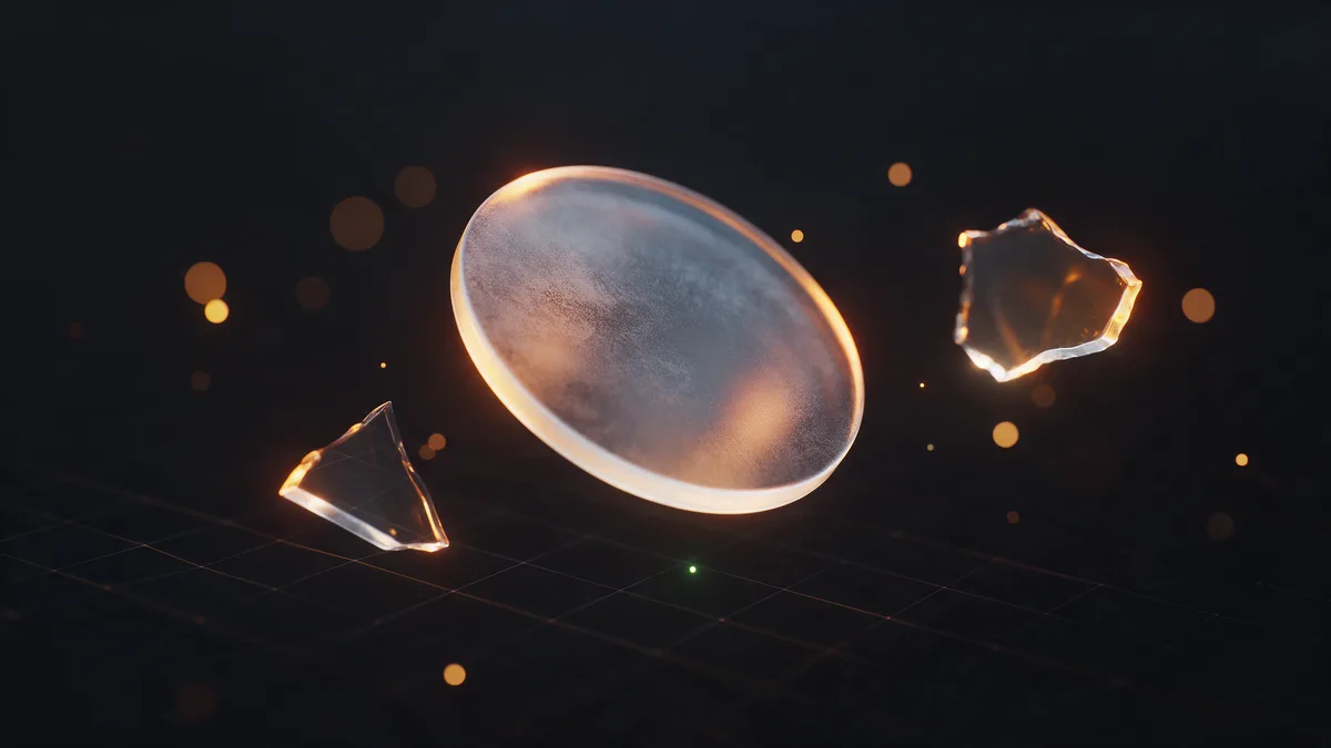 A frosted glass lens catching amber light over a faint grid