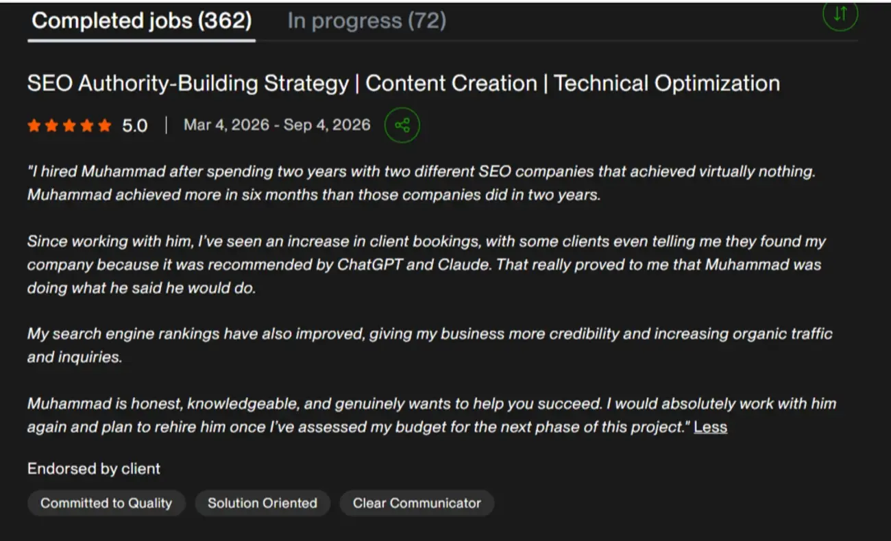 A five star Upwork review of the March to September 2026 contract, saying bookings have increased