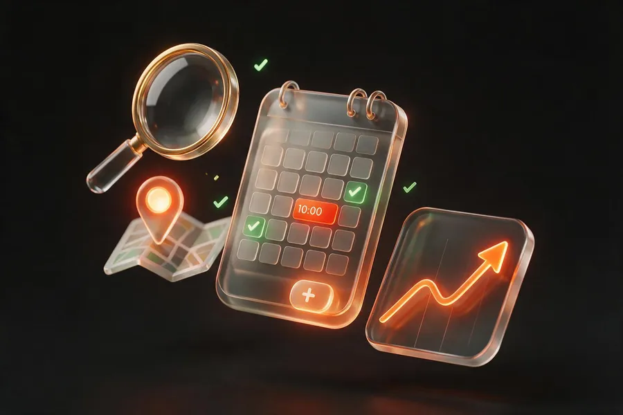 Stylized clinic booking and local-search illustration