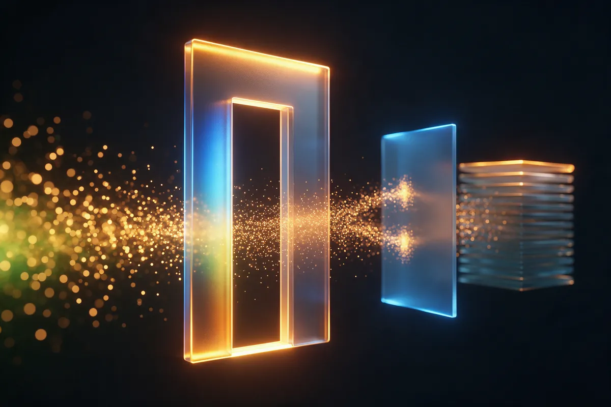 A frosted glass doorway with light passing through and a few particles stopped at a blue barrier