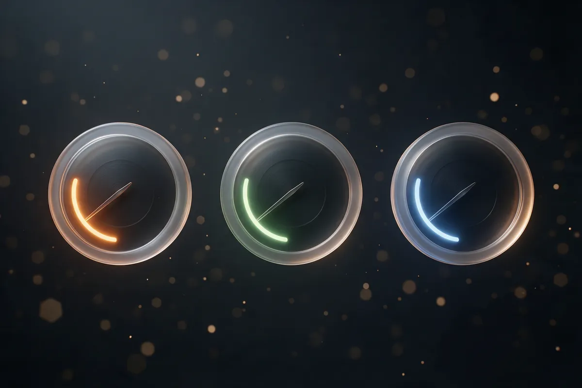Three frosted glass gauge dials in amber, green and blue, their needles resting in the good zone