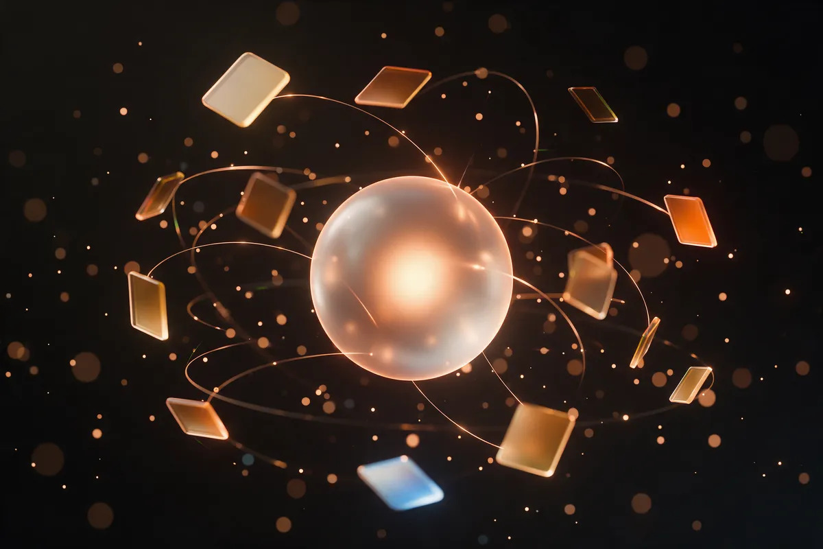 A frosted glass globe with amber route lines arcing to glass page tiles orbiting around it