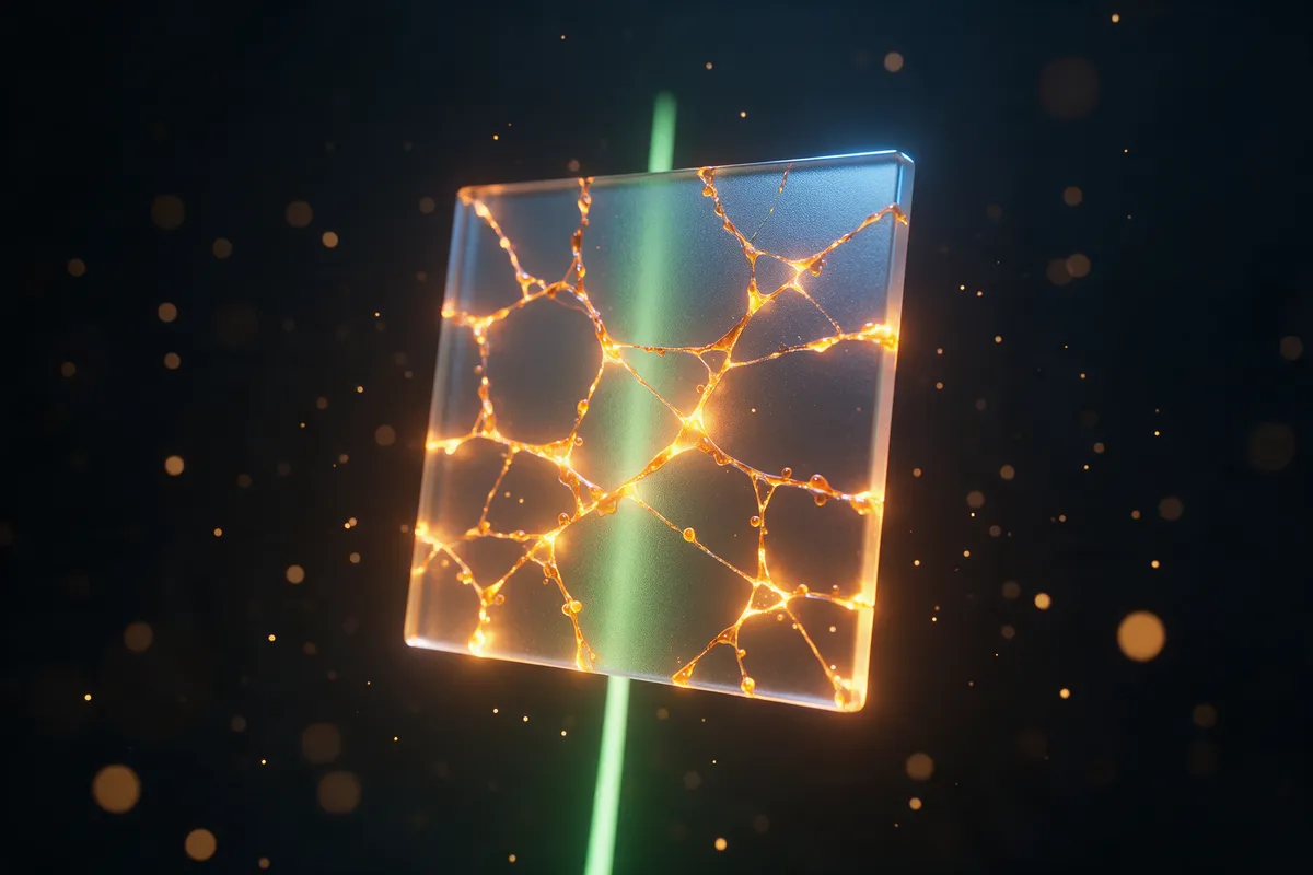 A cracked glass panel being sealed with glowing amber light, with a green line rising behind it