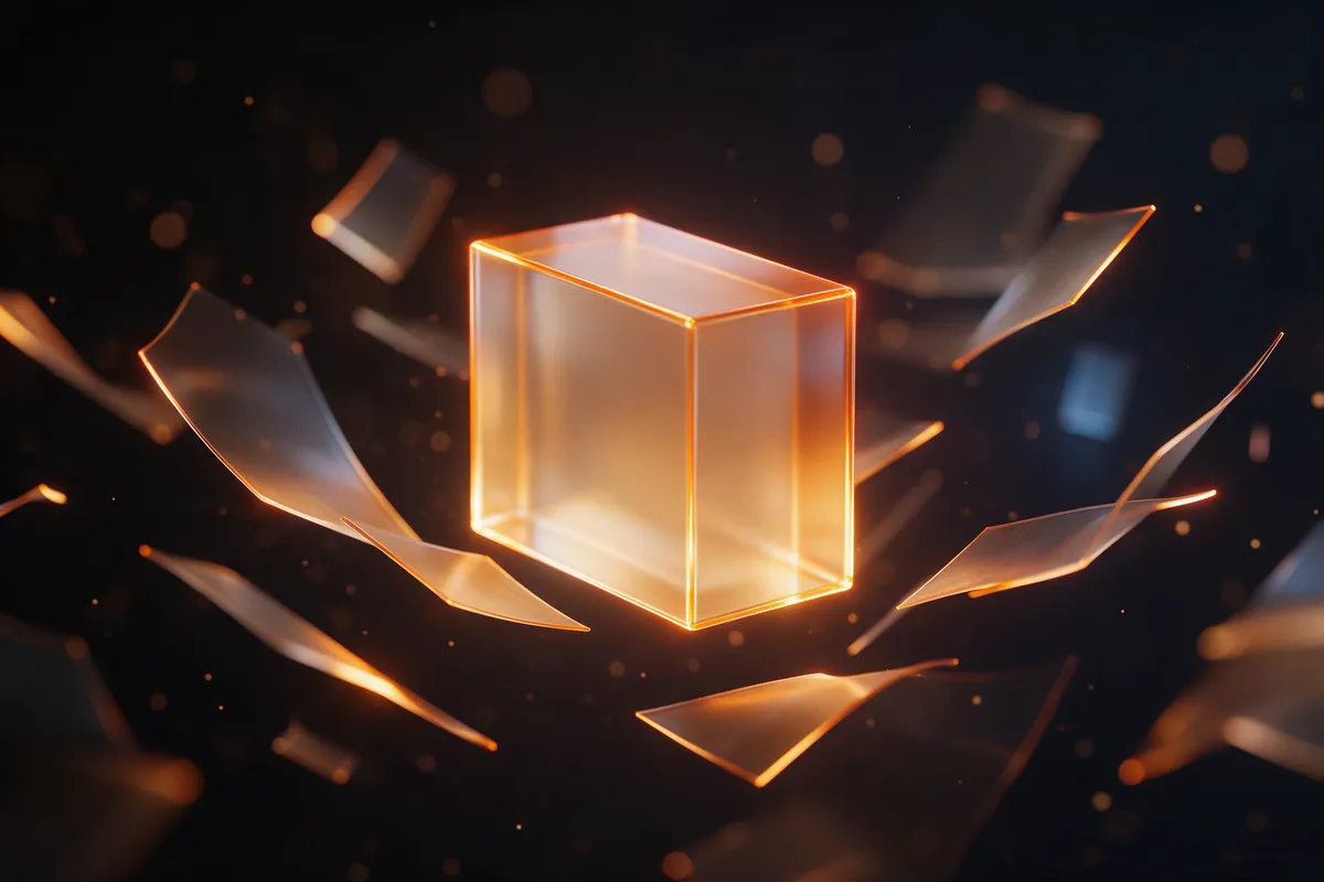 One solid glowing glass block while thin faint glass sheets drift away from it into the dark