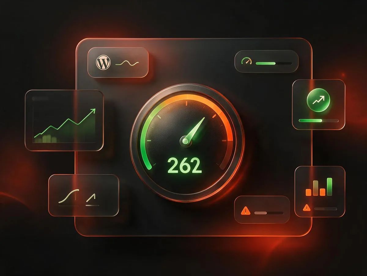 WordPress performance dashboard with a speed gauge and rising traffic chart